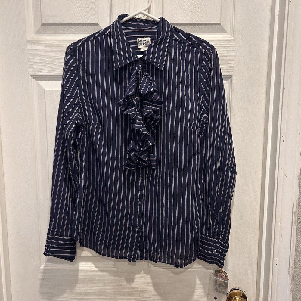VTG Converse One Star Navy Striped Ruffle Front Button Up Shirt Womens Large NWT